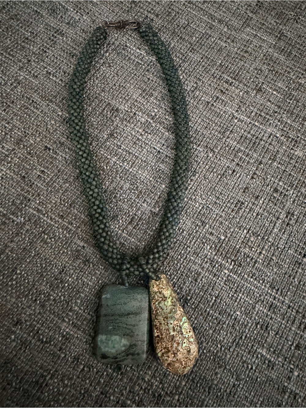 Reversible Hand Crafted Green Beaded Necklace with Gold and Green Pendants - Picture 5 of 8